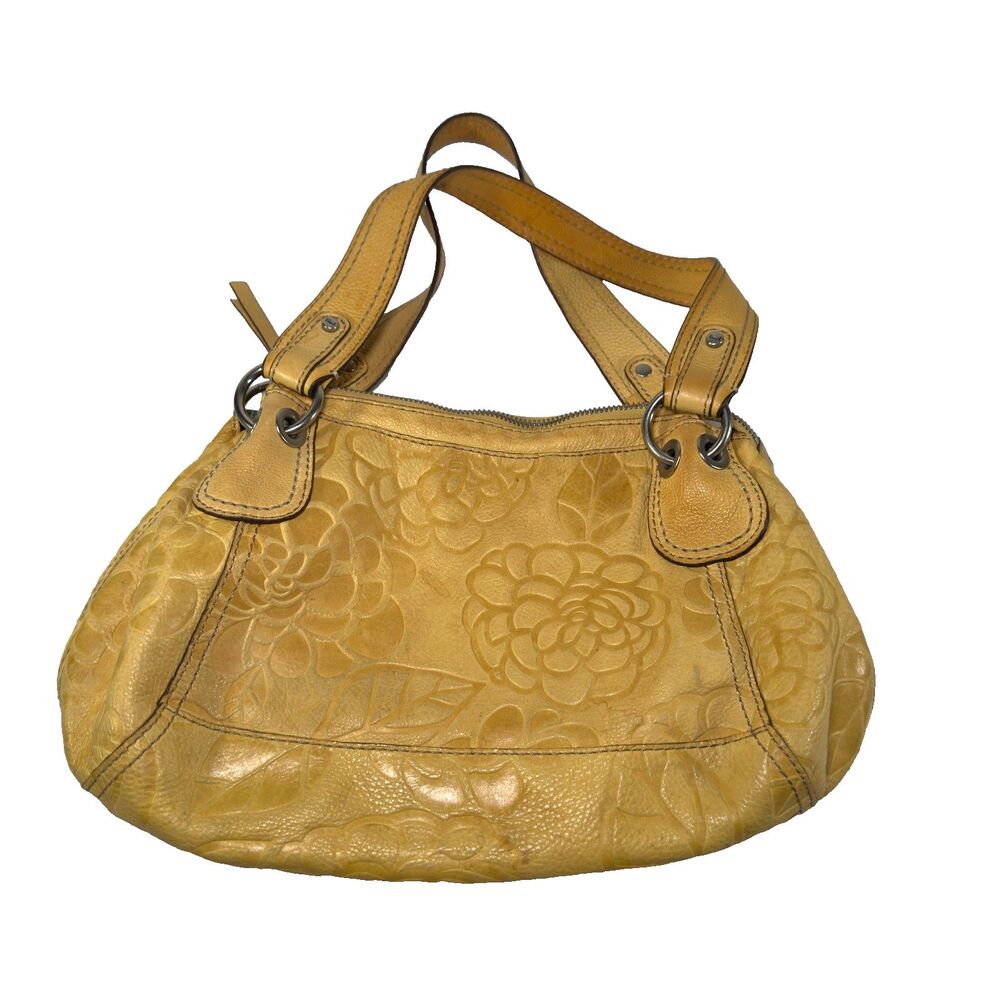 Fossil Bag Yellow Leather Shoulder Bag Embossed Floral Rose Tooled Boho VTG Y2K - Picture 2 of 11